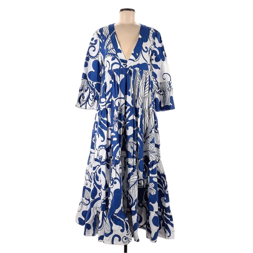 LA DoubleJ Jennifer Jane Maxi Dress Marea Blu in Cotton Poplin Size L Blue White